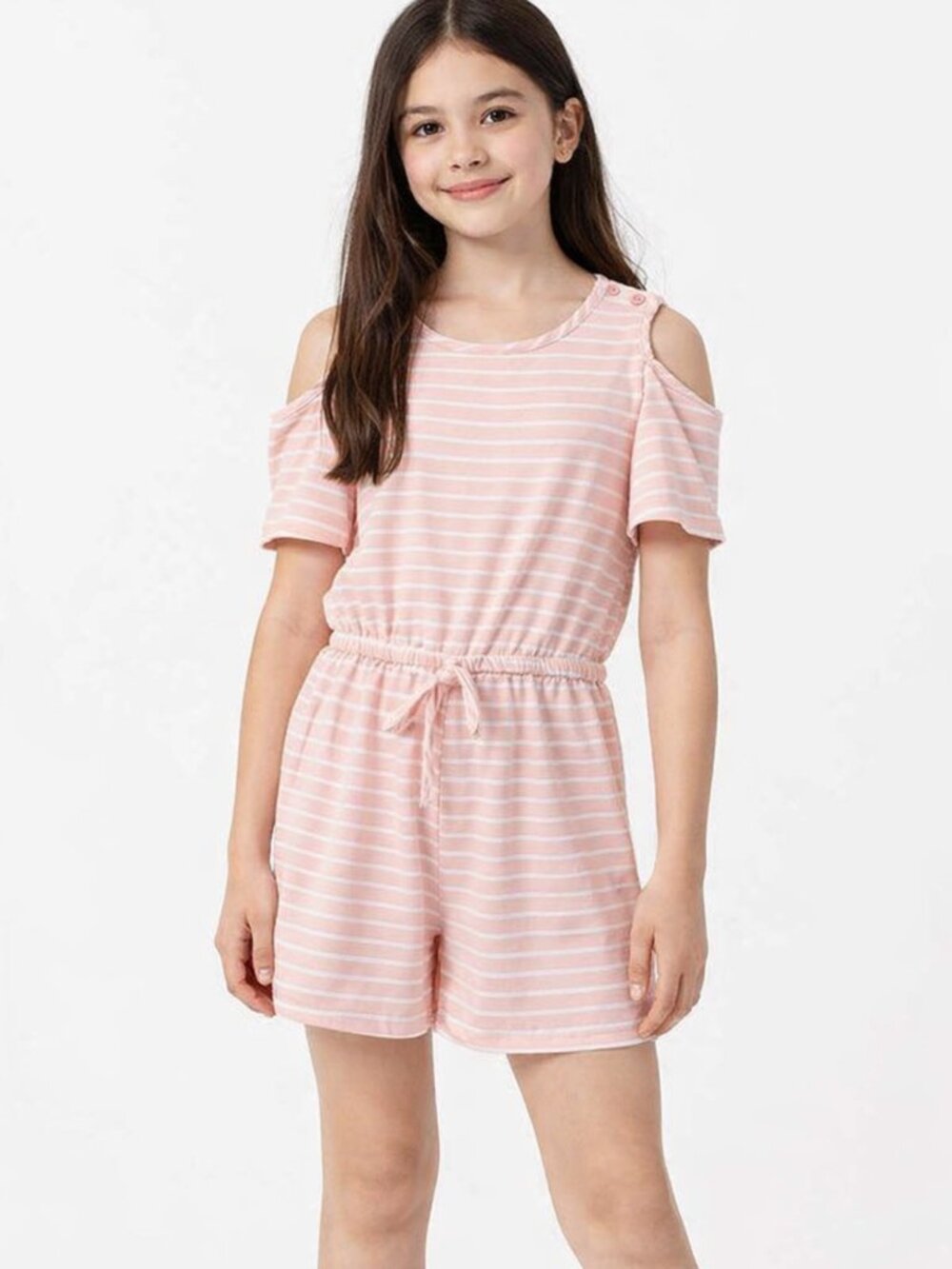 Btween Girls Striped Cold Shoulder Romper Pink White Size 10